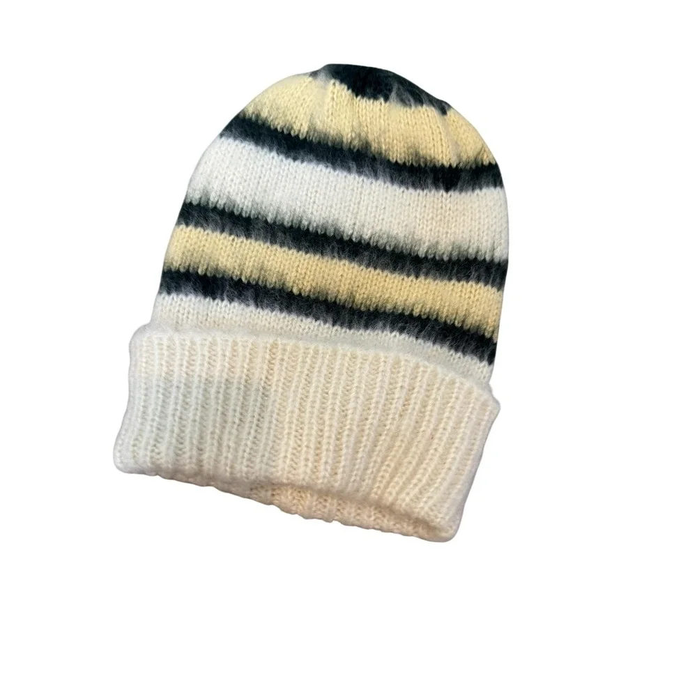 Free People‎ Hat Beanie Cuffed Womens One Size Ivory Black Striped Fuzzy Knit